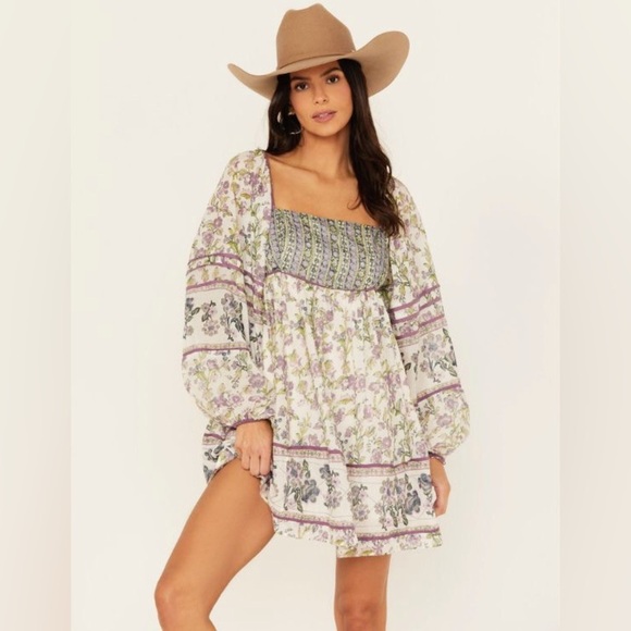 Free People Endless Afternoon Mini Dress Ivory Purple Green Floral Size Medium - Picture 2 of 9
